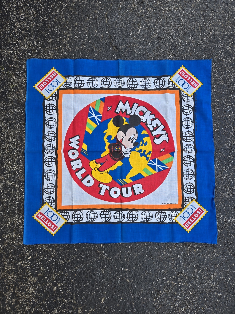 Disney Mickey World Tour Bright Blue Red Yellow Bandana Scarf